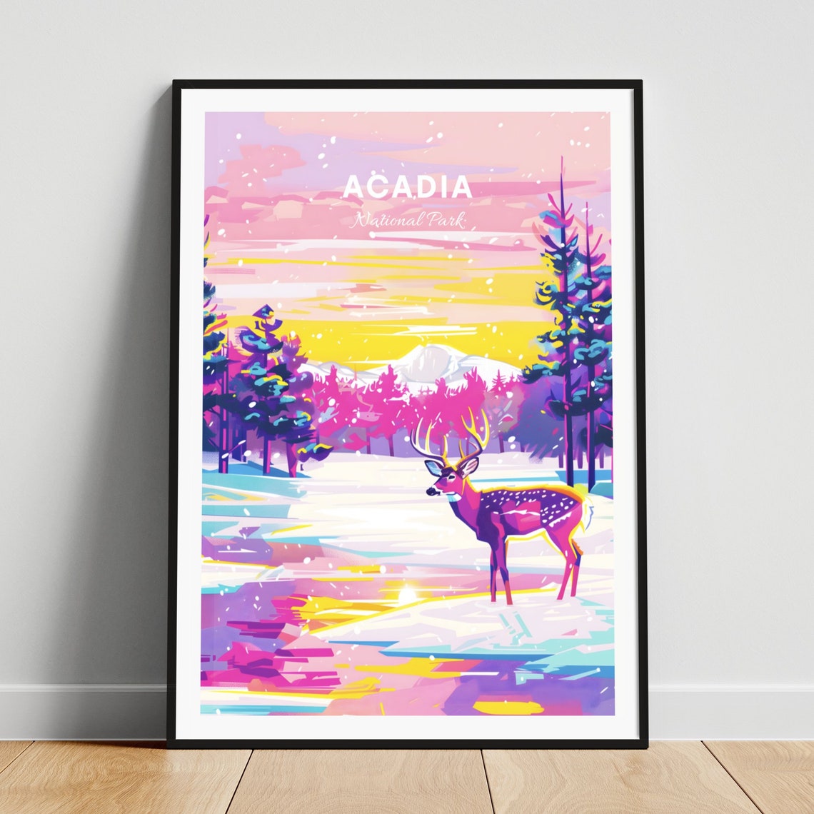 Acadia National Park Winter Deer Snowy Forest Sunset Travel Poster