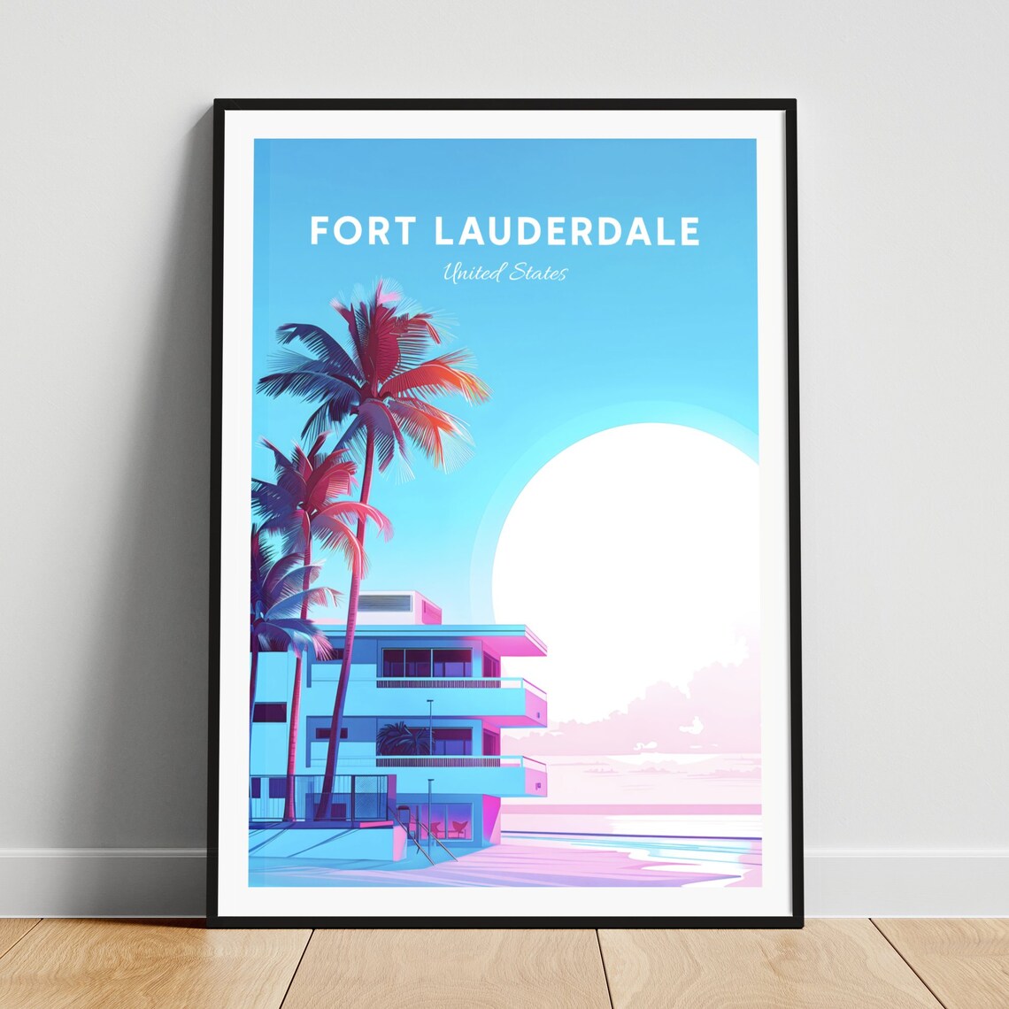 Fort Lauderdale Neon Pink Art Deco Beach House Retro Sunset Poster