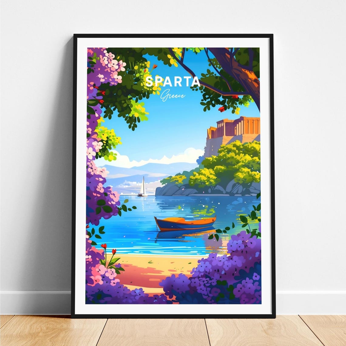 Sparta Greece Rowboat Tranquil Bay Ruins Hill Blossom Travel Poster