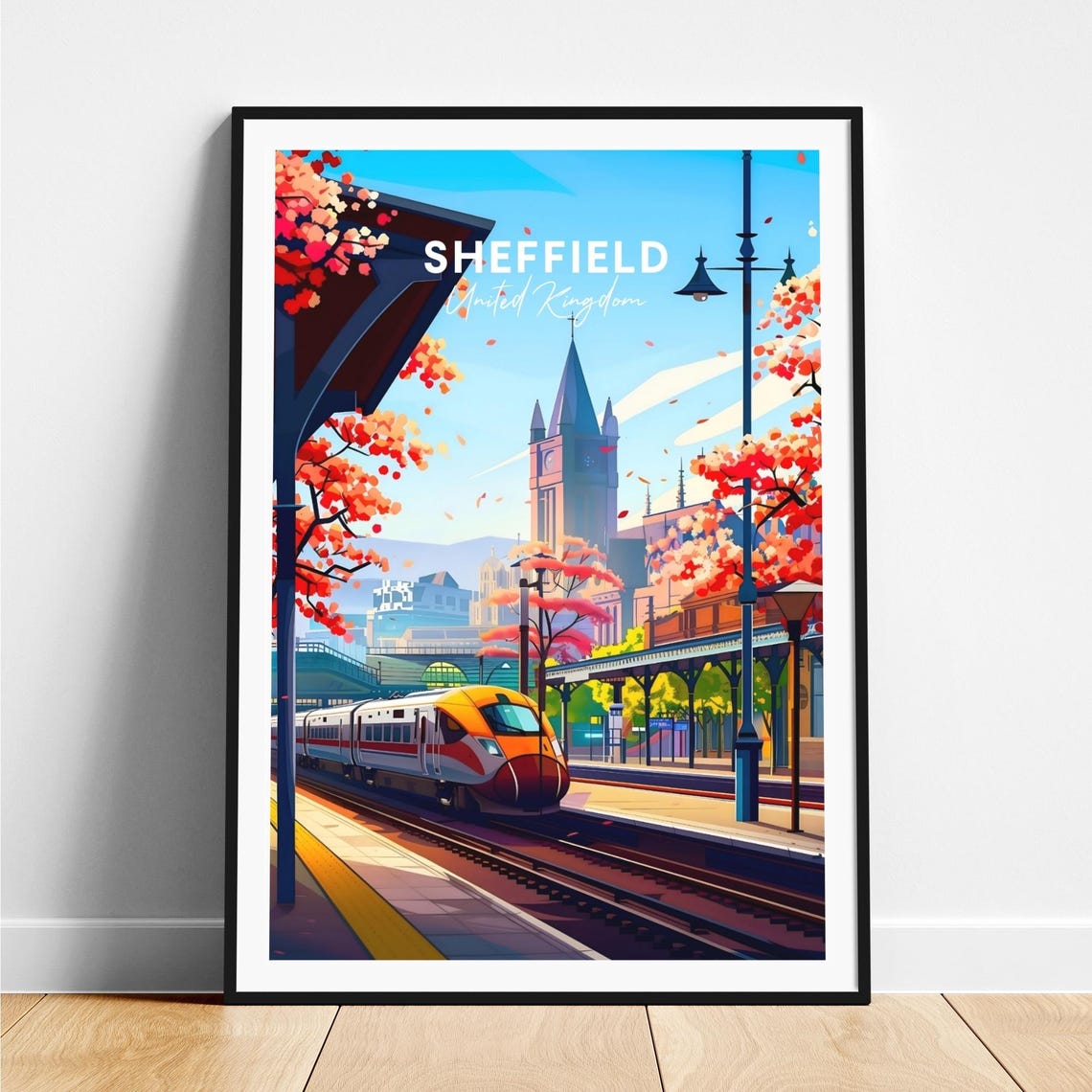 Sheffield Train Station Autumn Modern Train England Travel Poster