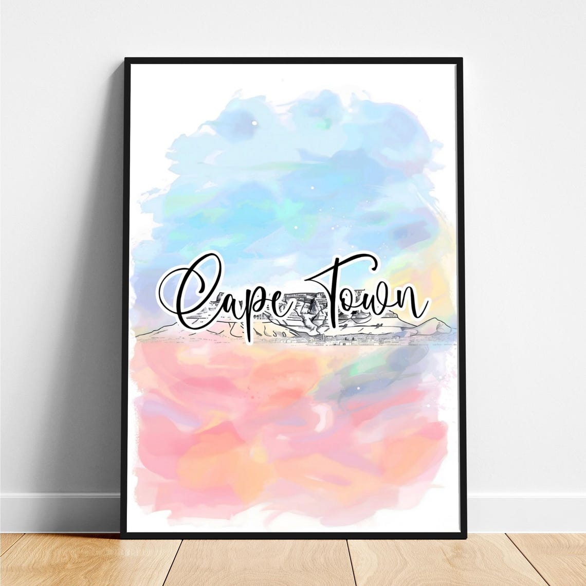 Cape Town Table Mountain Watercolor Pastel Travel Art Poster
