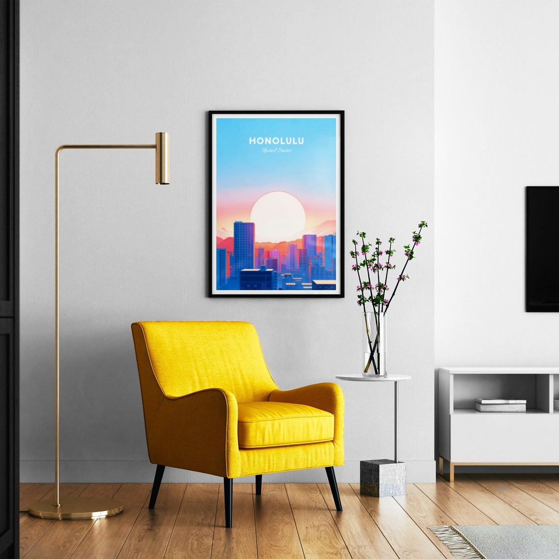 Honolulu Hawaii Skyline Beneath a Giant Rising Sun Travel Poster - Image 3
