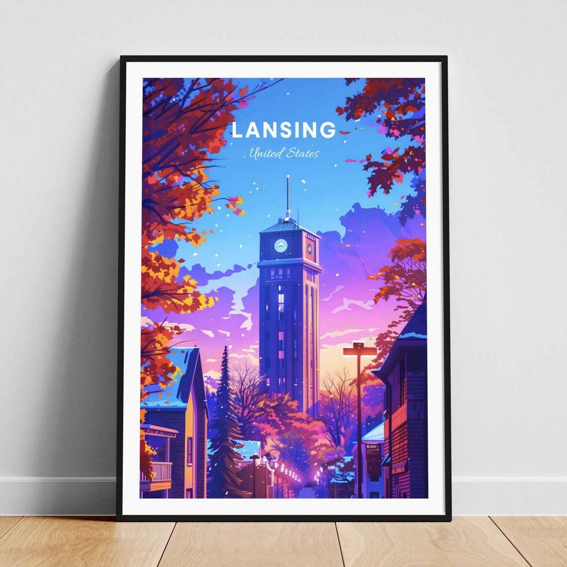 Lansing Autumn Street Clock Tower Fall Leaves Scene Travel Poster