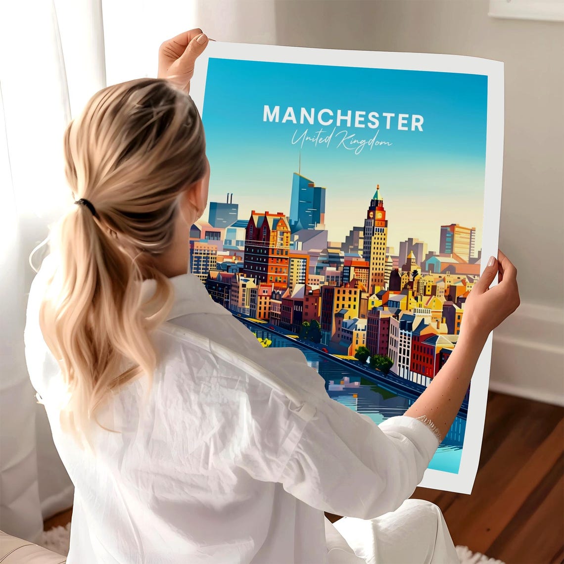 Manchester United Kingdom City Skyline River Daytime View Poster - Image 3