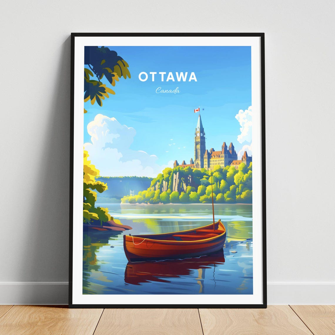 Ottawa Canada Parliament Hill Peace Tower Red Canoe Travel Poster