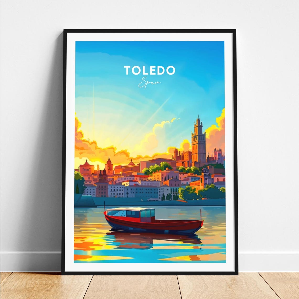 Toledo Old Town Sunset River Red Boat Historic Skyline Travel Poster