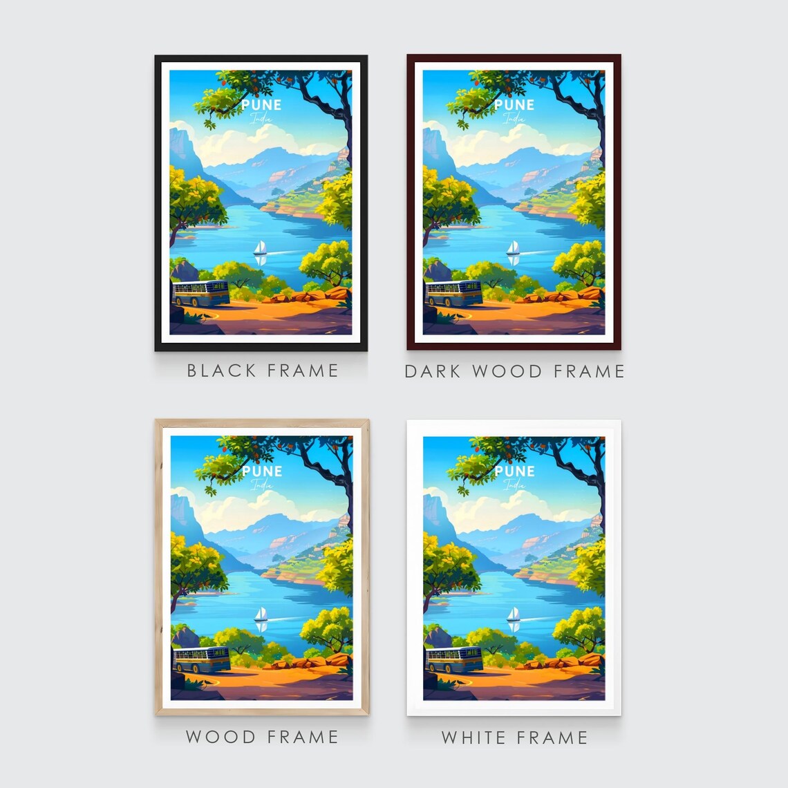 Pune Lake Sailboat Mountain Vista Bus Road India Travel Poster - Image 3