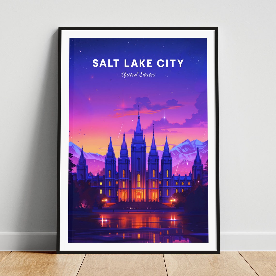 Salt Lake City Temple Twilight Reflection Starry Travel Poster