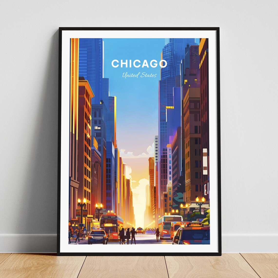 Chicago Illinois Downtown Street Canyon Sunset Buses Travel Art Poster