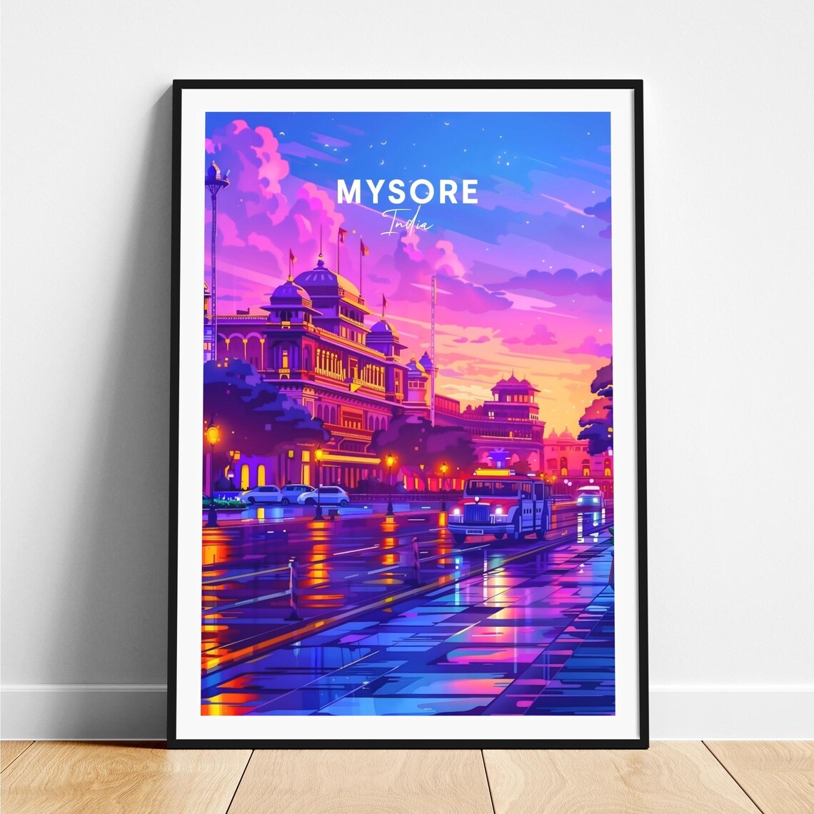 Vibrant Mysore India Palace at Neon Sunset on Rainy Street Poster