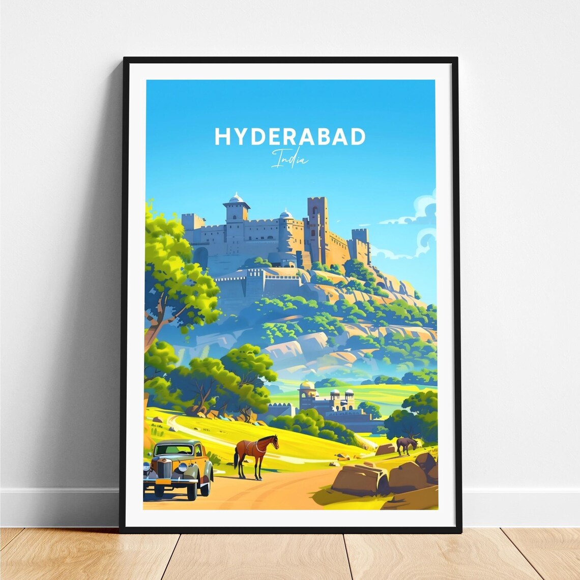 Hyderabad India Hilltop Fort Vintage Car Horse Scene Travel Poster