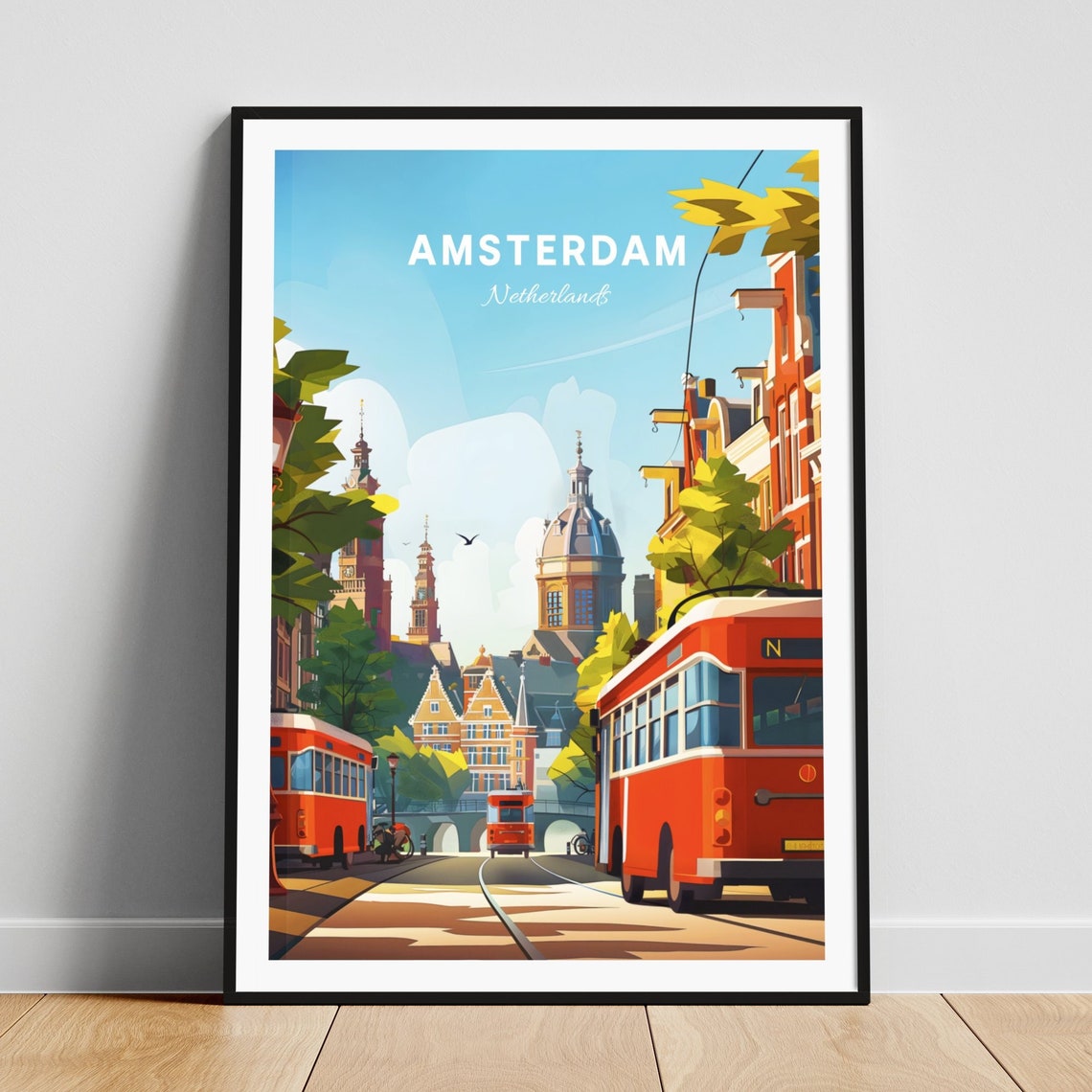 Amsterdam Netherlands Red Buses Church Domes Street Scene Poster