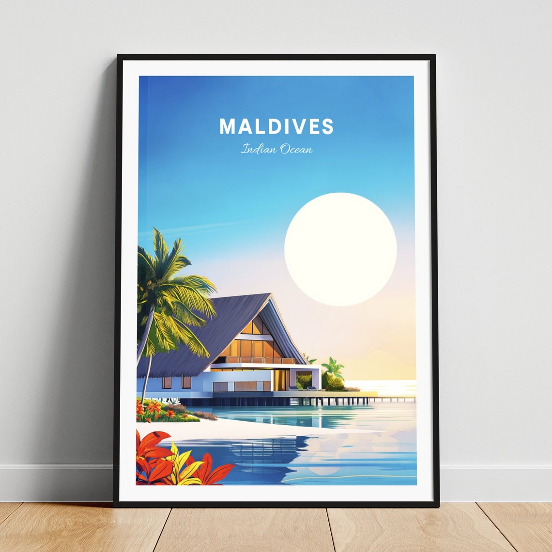 Maldives Indian Ocean Overwater Villa Sunrise Lagoon Travel Poster
