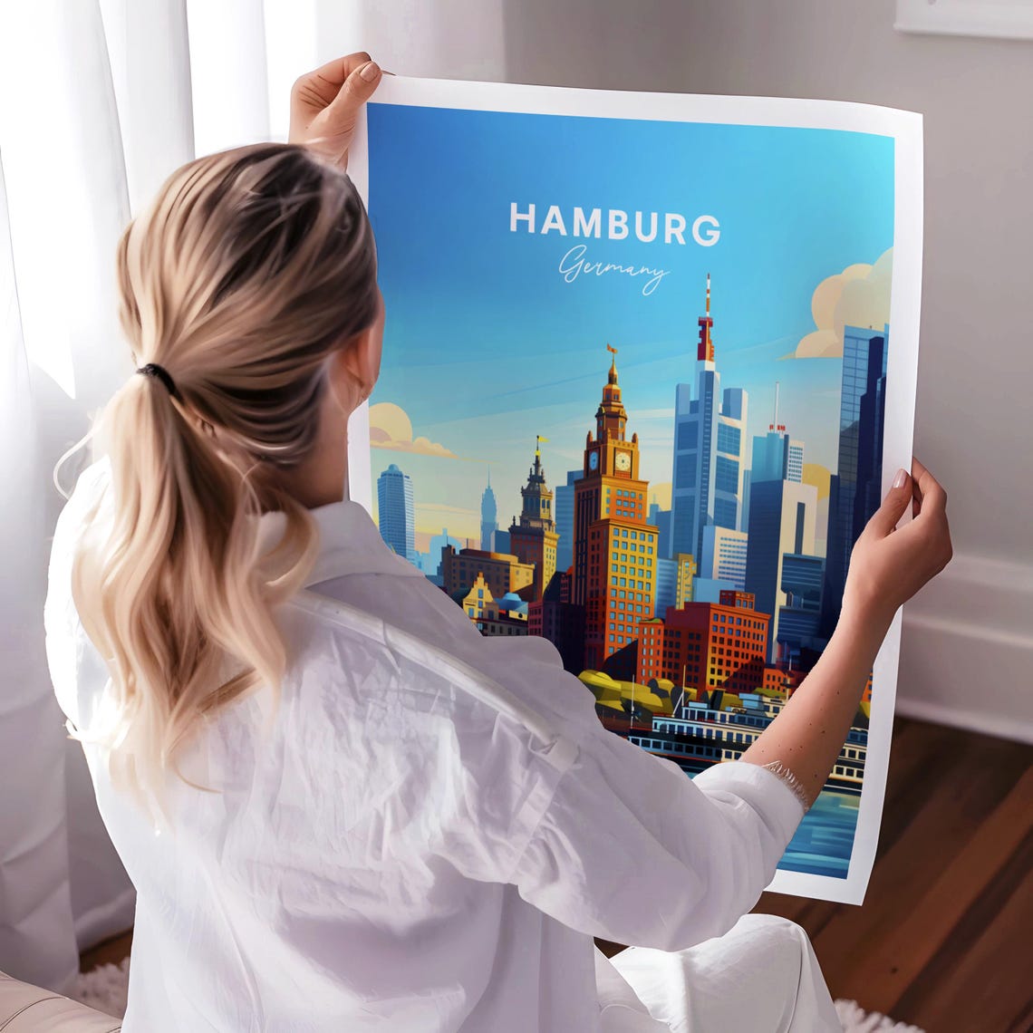 Hamburg Germany Harbor Skyline Busy Ferry Ships Blue Sky Poster - Image 3