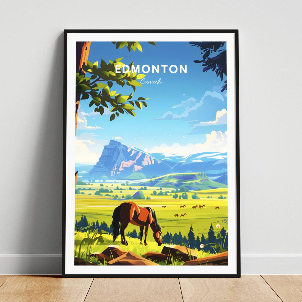 Edmonton Canada Horse Grazing Green Meadow Mountains Travel Poster