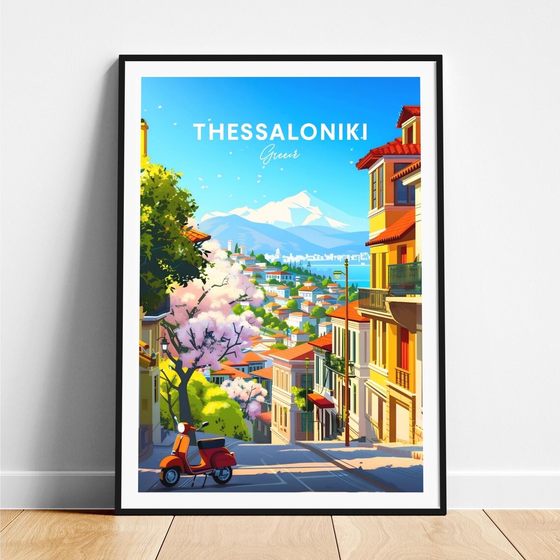 Thessaloniki Greece Red Scooter Street Mountain View Art Poster