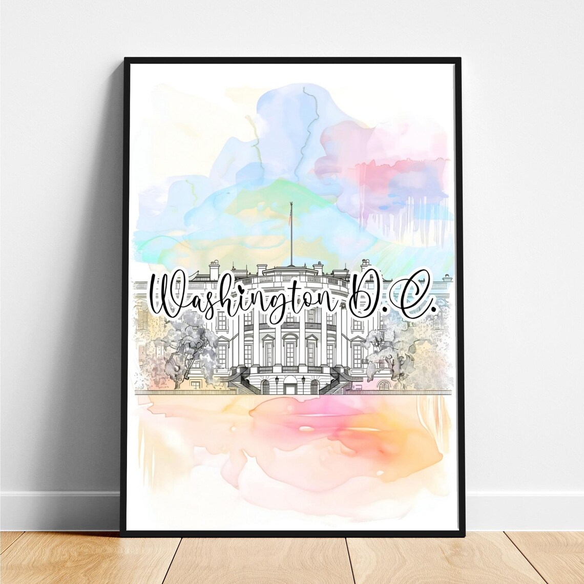 Iconic Historic Washington DC White House Watercolor Travel Poster