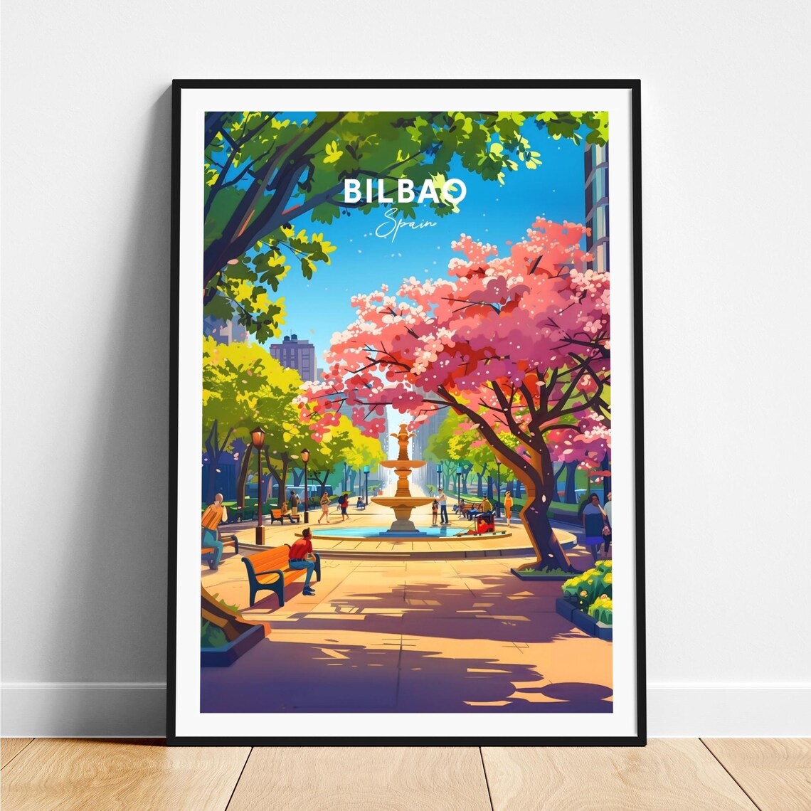 Bilbao Sunny Park Fountain Pink Blossom Trees City Life Travel Poster