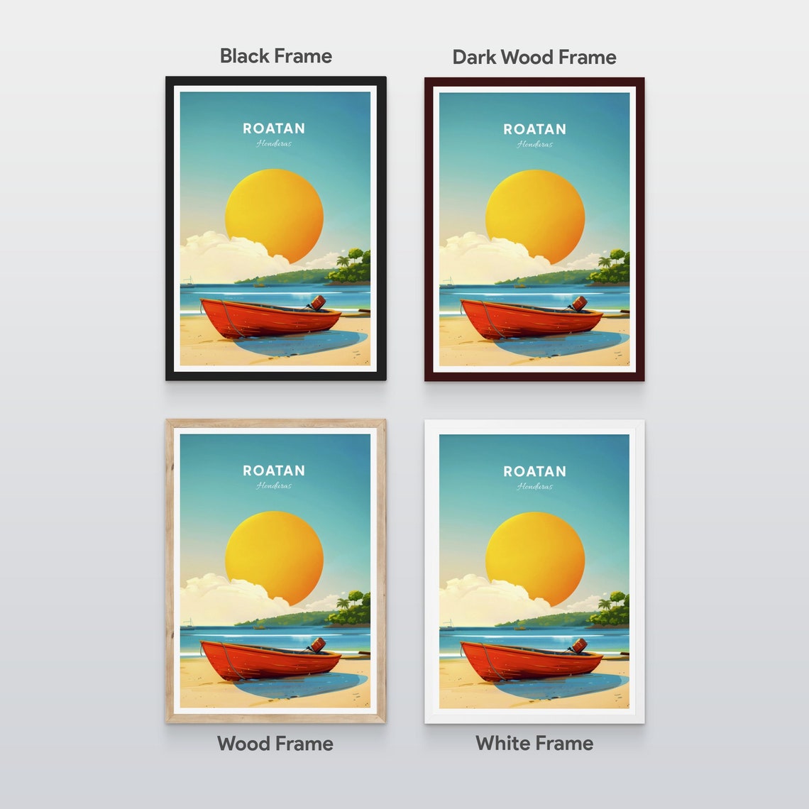 Roatan Honduras Warm Red Boat Beach Big Yellow Sun Travel Poster - Image 2