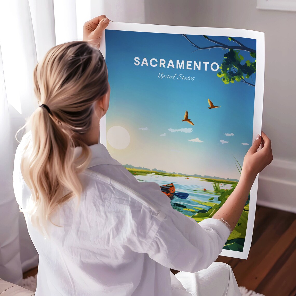 Sacramento Morning River Kayak Lily Pads With Birds View Poster - Image 3
