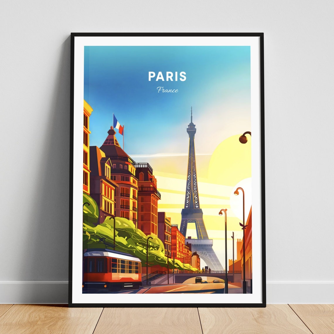 Paris France Eiffel Tower Sunset Street Tram City Lights Travel Poster