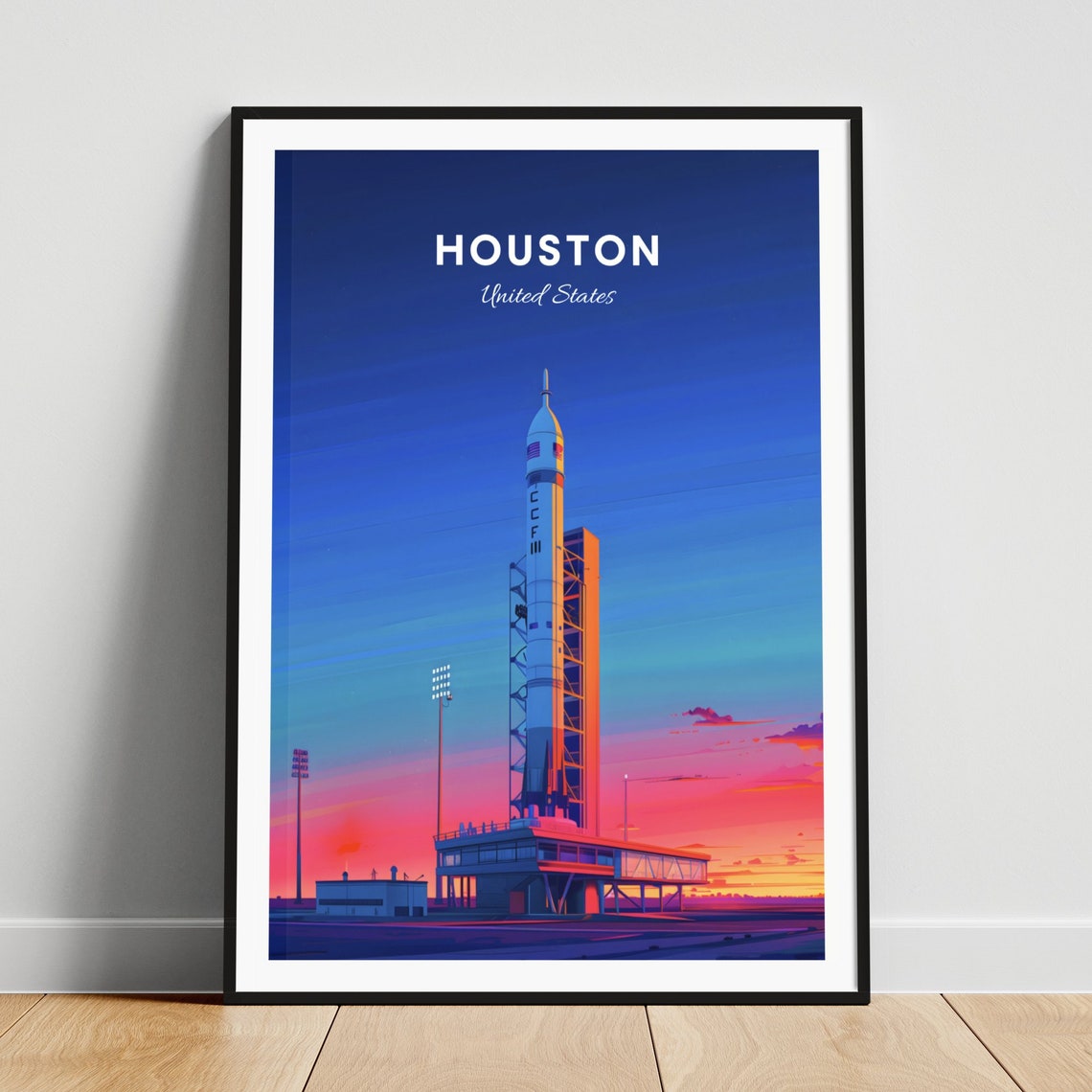 Houston Rocket Launchpad at Dusk Over the Space Center Poster