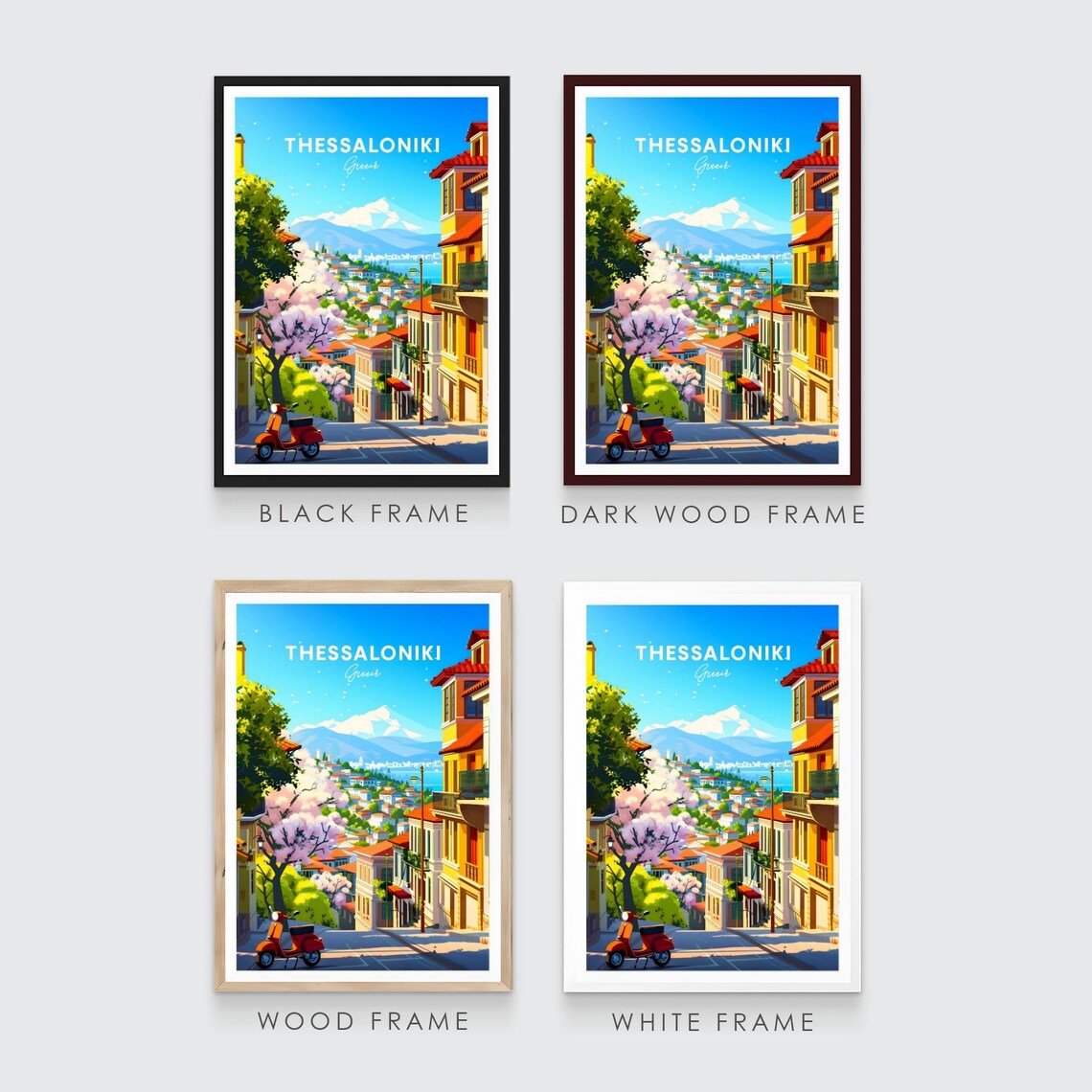 Thessaloniki Greece Red Scooter Street Mountain View Art Poster - Image 3