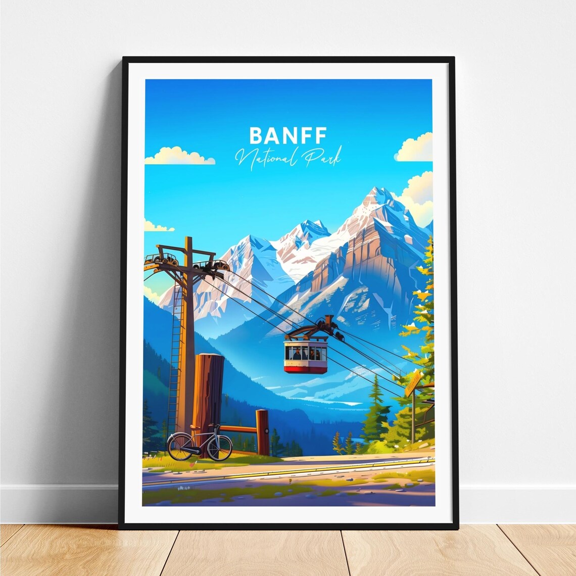 Banff National Park Gondola Cabin with Snowy Peaks Travel Poster