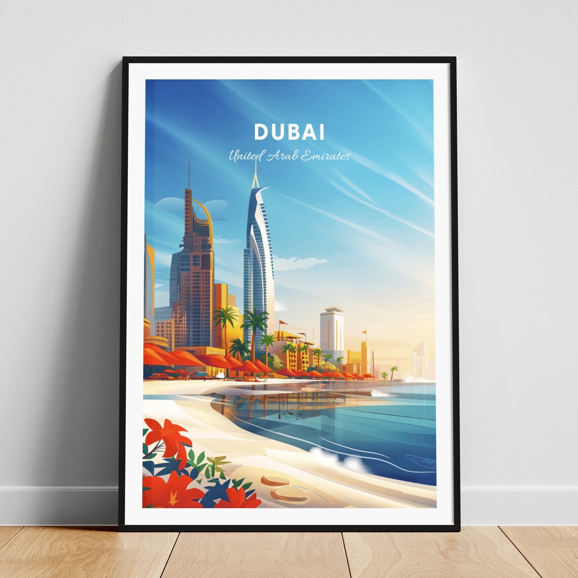 Dubai United Arab Emirates Beach Palm Trees Burj Al Arab Travel Poster