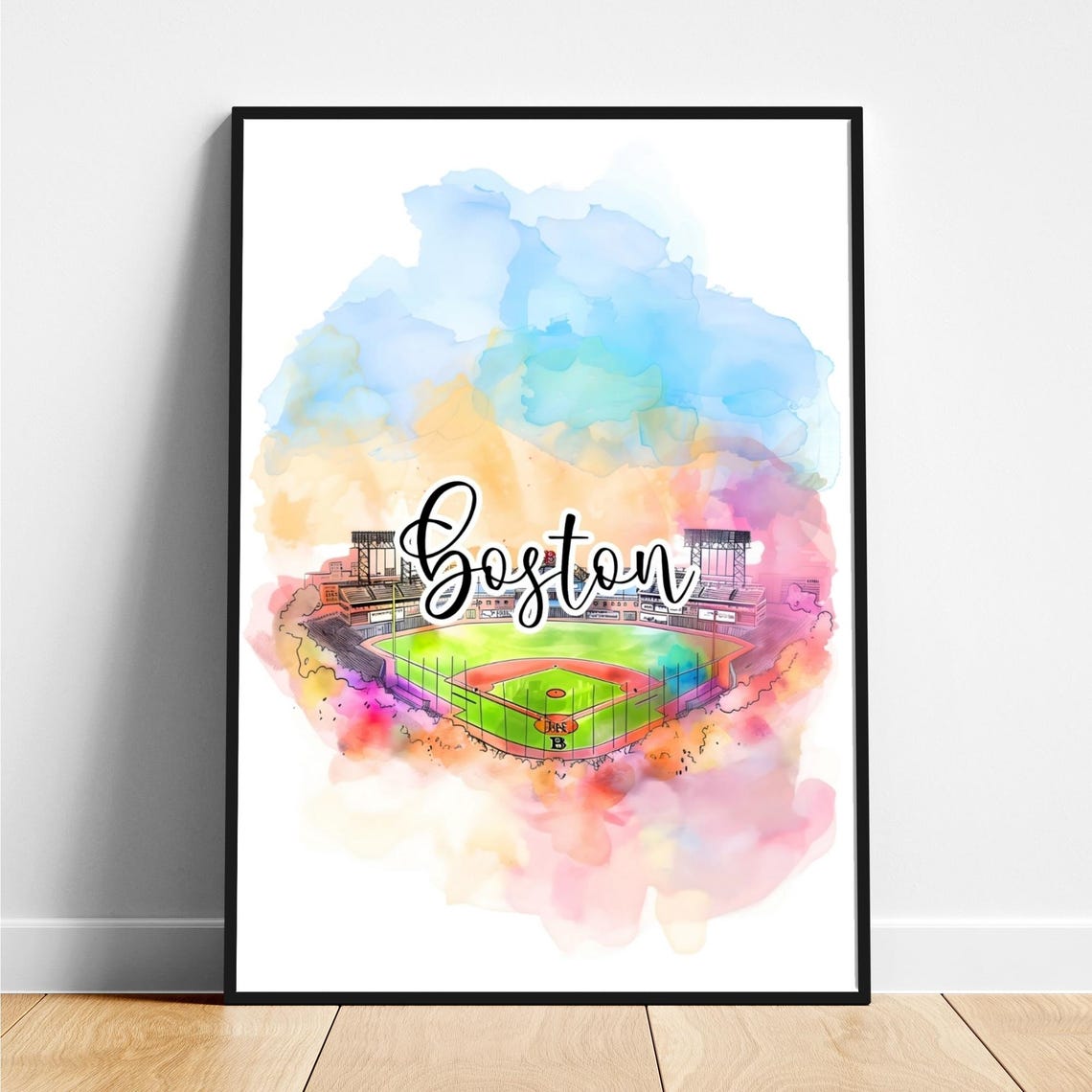 Boston Baseball Stadium Watercolor Script Lettering Travel Poster