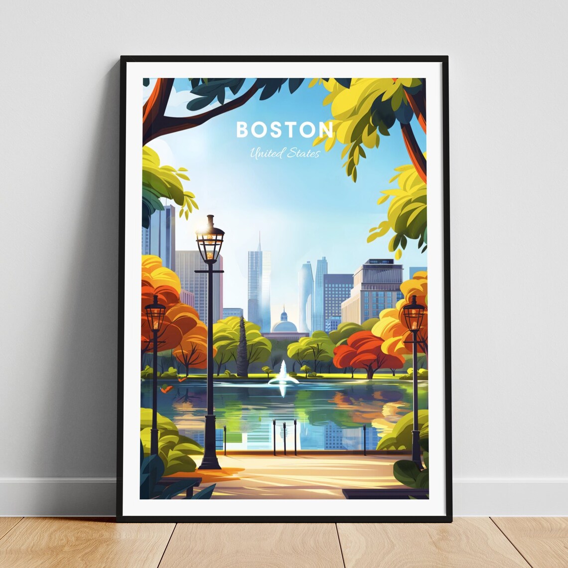 Boston Public Garden Fountain Pond City Skyline Vintage Travel Poster