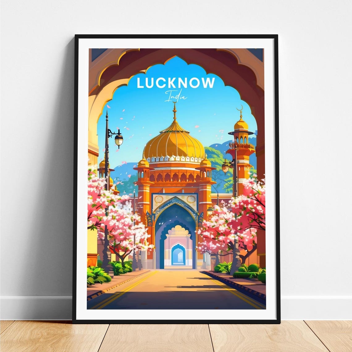 Lucknow Golden Dome Mosque Arch Blossoms India Travel Poster