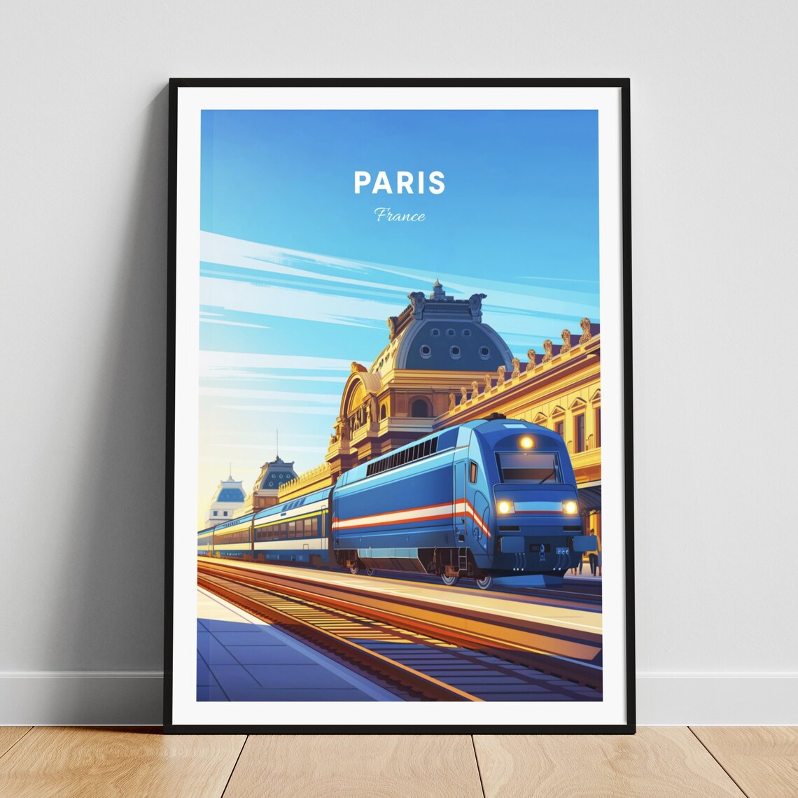 Paris France Grand Train Station Blue Train Arrival Travel Poster