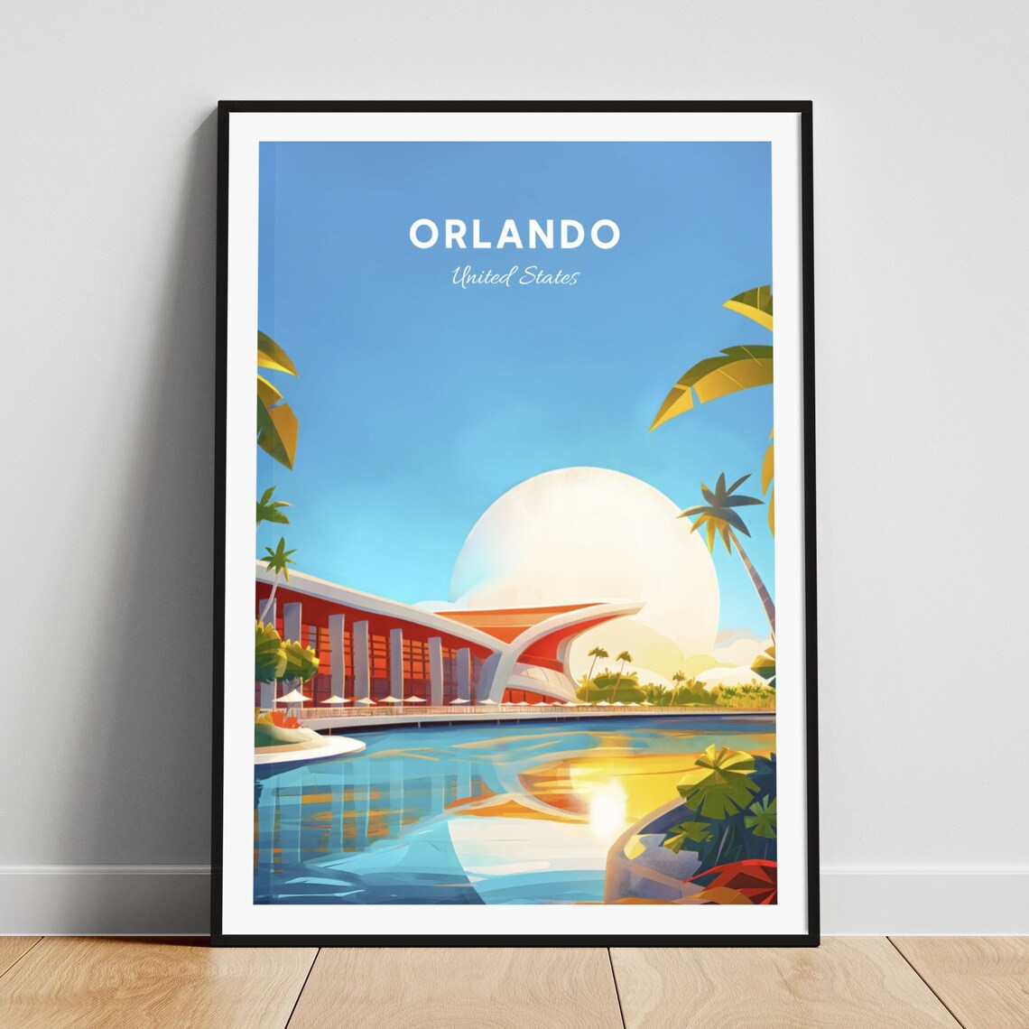 Orlando Sail Roof Convention Center Lagoon Sun Vintage Travel Poster