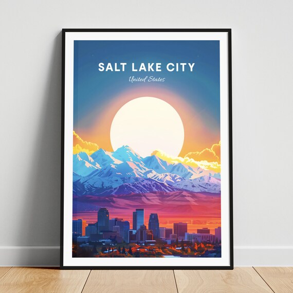 Salt Lake City Utah Skyline with Snowy Mountains at Sunset Poster