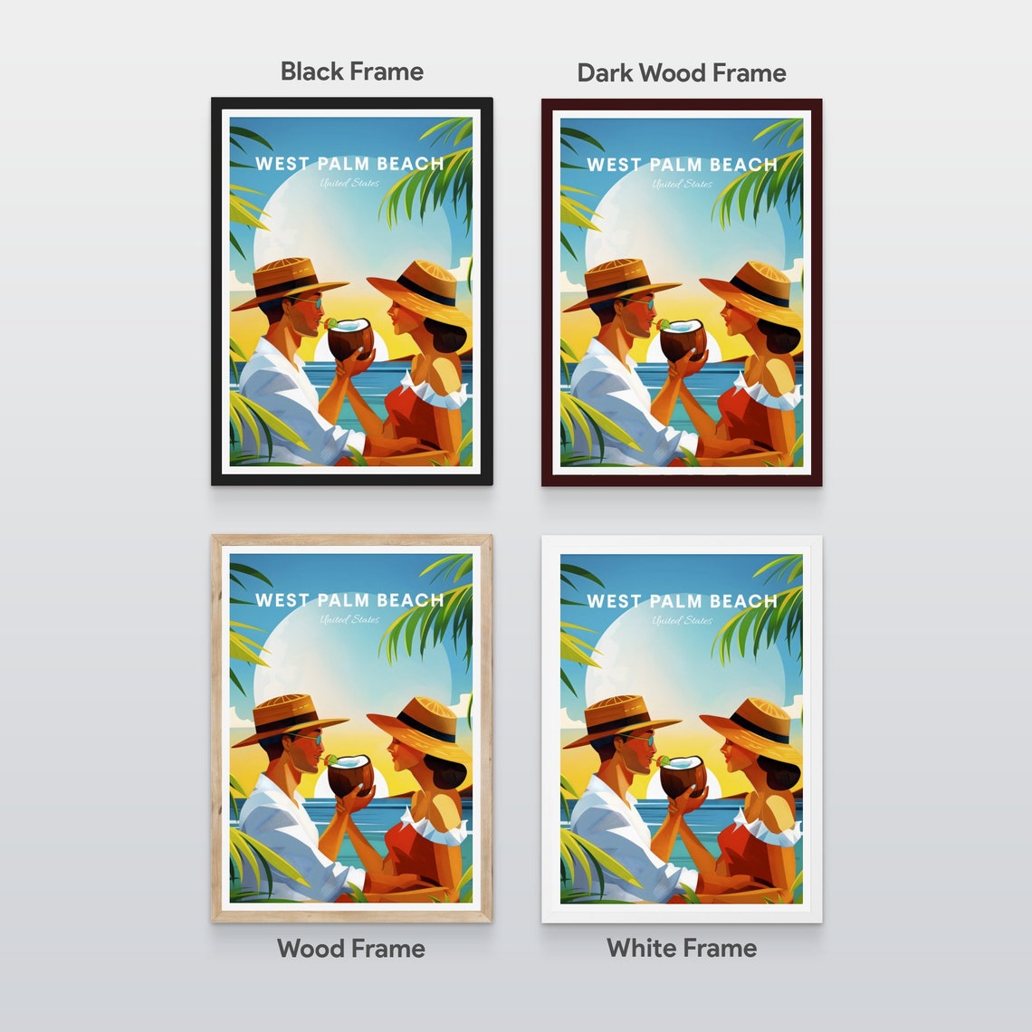 West Palm Beach Florida Couple Coconut Sunset Beach Travel Poster - Image 2
