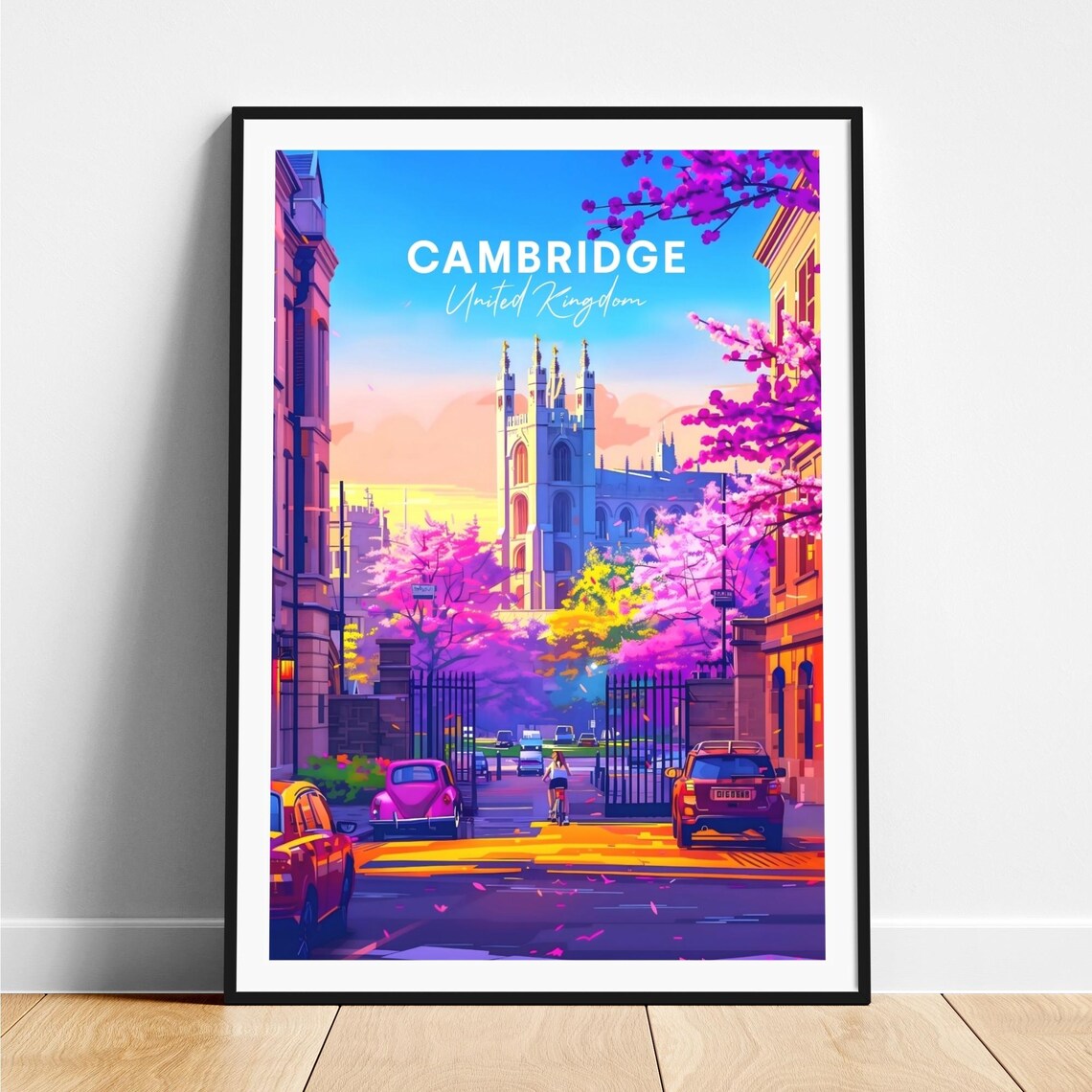 Cambridge Gothic Chapel Spring Blossom Street Scene Travel Poster