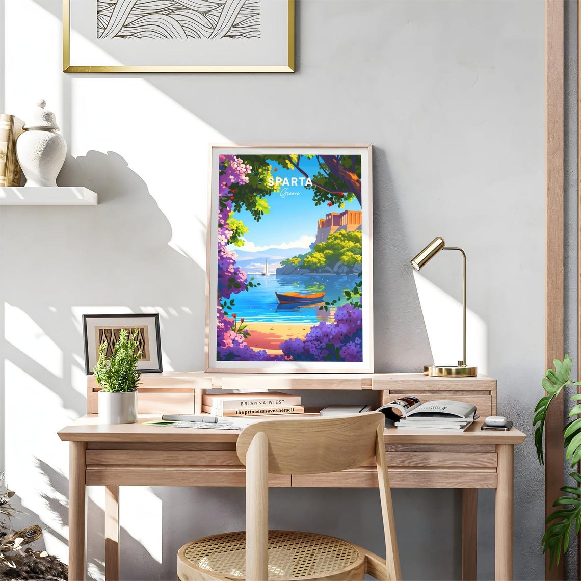 Sparta Greece Rowboat Tranquil Bay Ruins Hill Blossom Travel Poster - Image 4