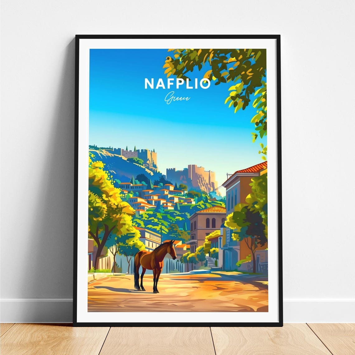 Nafplio Greece Old Town Horse Hilltop Fortress Travel Poster