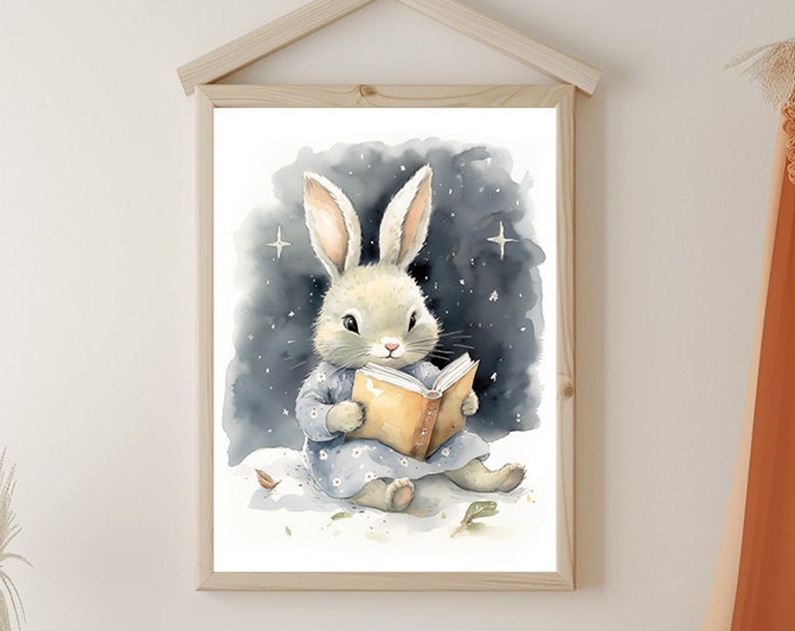 Vintage Sleepy Rabbit Nursery Print Cute Bunny Going To Sleep Wall Art Mid Century Neutral Large Poster
