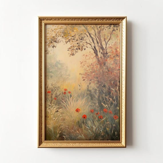 Vintage Poppy Painting Poppies Art Print Moody Decor Landscape Neutral Tones Floral Print Prairie Grass Wall Art Flowers Rustic