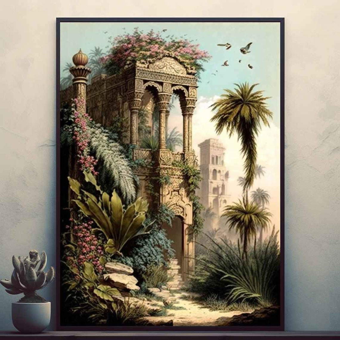 Tropical Hanging Garden Ancient Stone Pavilion Vintage Art Poster