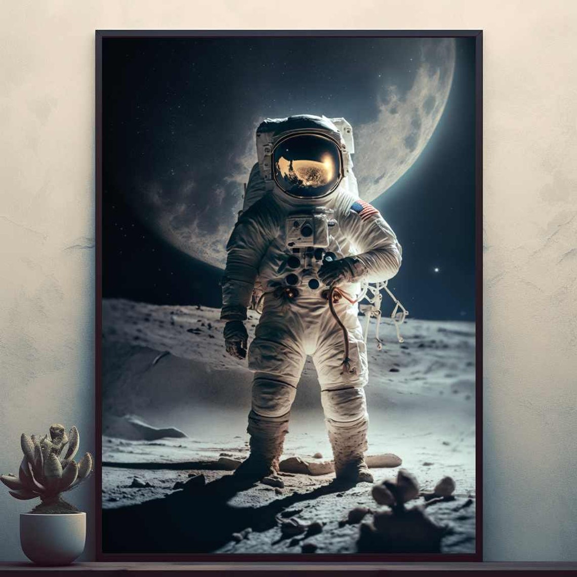 Astronaut Walking on the Moon with Giant Full Moon Behind Poster