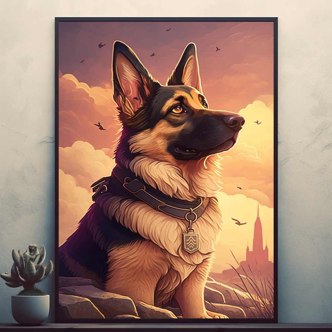 German Shepherd Dog Portrait Golden Sunset Castle Scenic Poster