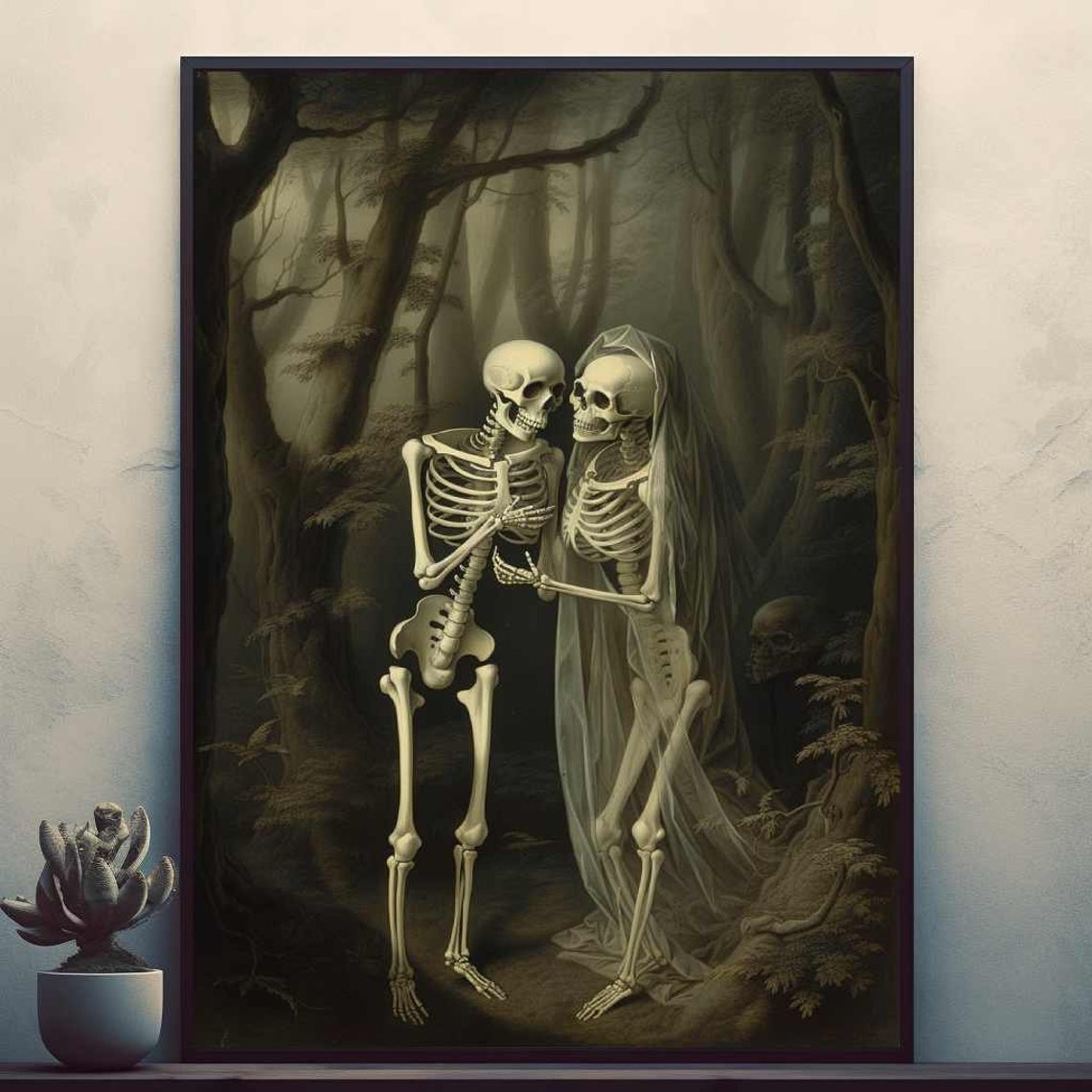 Vintage Skeleton Couple Embracing in Dark Haunted Forest Art Print