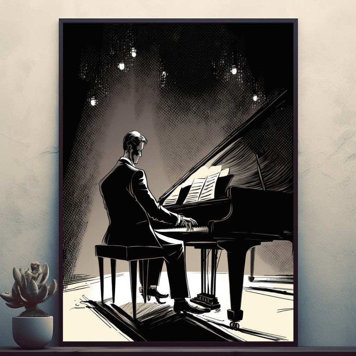 Pianist Playing Grand Piano On Stage Dramatic Black White Poster