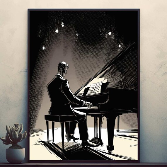 Pianist Playing Grand Piano On Stage Dramatic Black White Poster