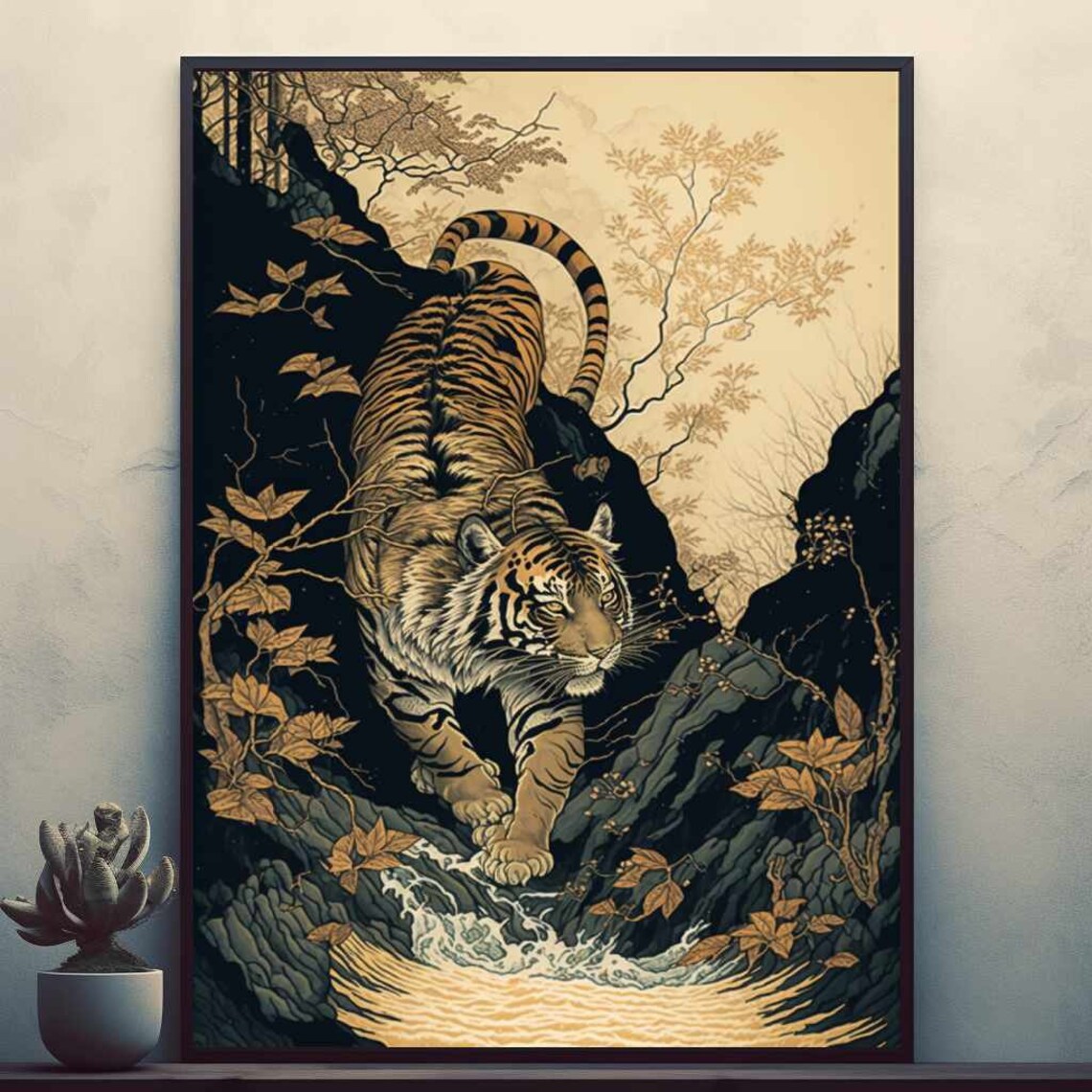 Powerful Tiger Climbing Rocky Cliff In Japanese Woodblock Gold Style Poster