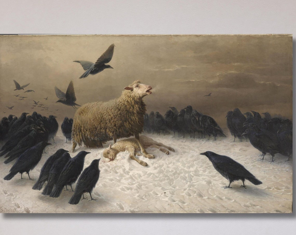August Friedrich Schenck Anguish Sheep and Crows Snow Art Poster