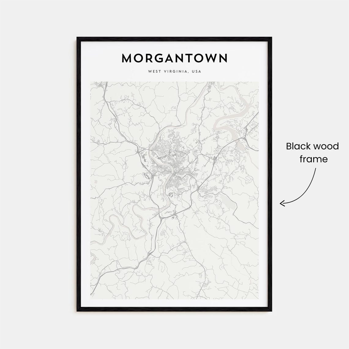Morgantown West Virginia USA Minimalist Light Gray Street Map Poster - Image 3
